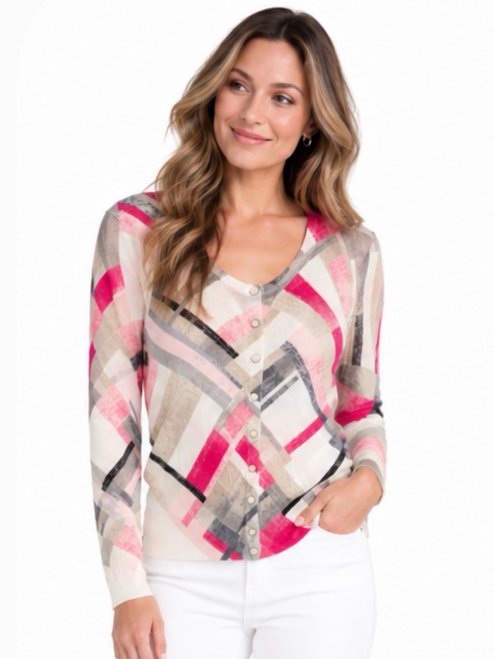 White House Black Market Pink and Cream Geometric Button Cardigan